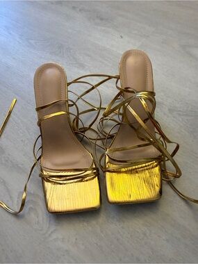 Gold Strappy Lace-Up Women's Sandals